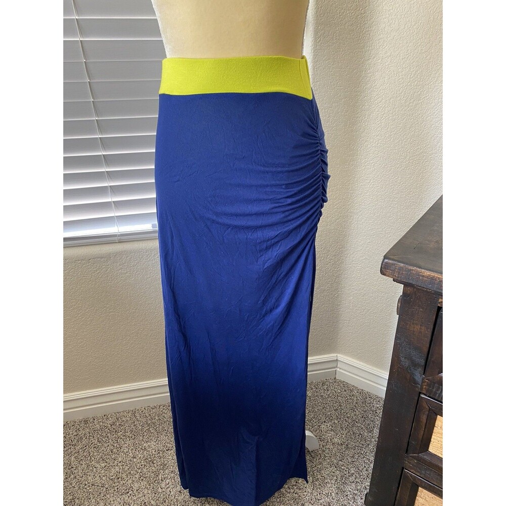 Stem Stretch w/Slit Long Blue Maxi Skirt w/Chartreuse Trim SZ S